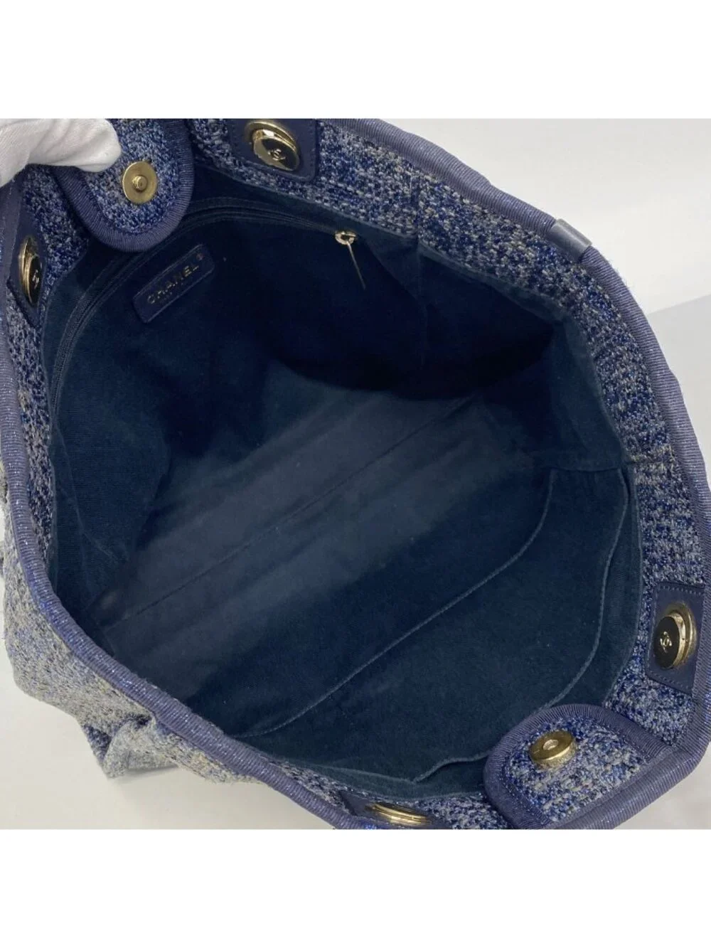 Chanel Tote Bag Deauville Tweed Blue Gold